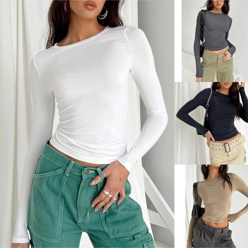 New Style Woman Clothing Long Sleeve T-shirt Slim Sexy Solid O-neck Crop Tops Casual Female Close-fitting Tee Shirt Street Wear