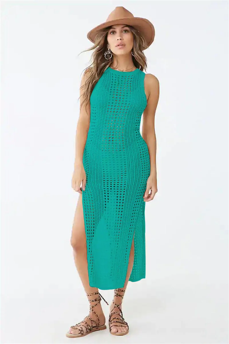 Women's Sexy Sleeveless High Slit Long Knit Dress Beach Crochet Bikini Cover-Up Summer Hollow out Swimsuit Robe