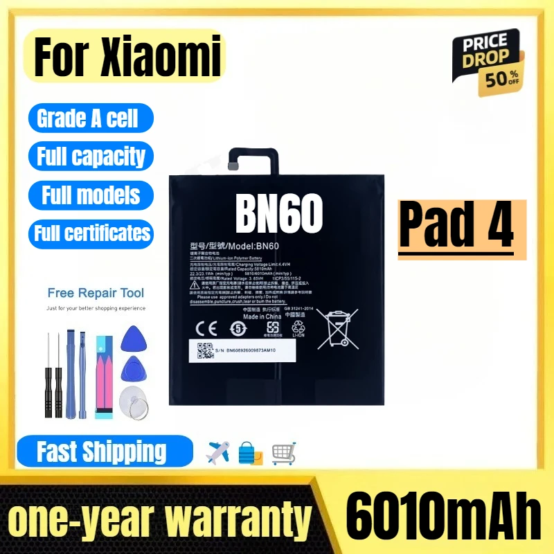 

BN60 for Xiaomi Pad 4 Tablet Battery High Quality High Capacity Battery Replacement Bateria Grade A Cell with Tools