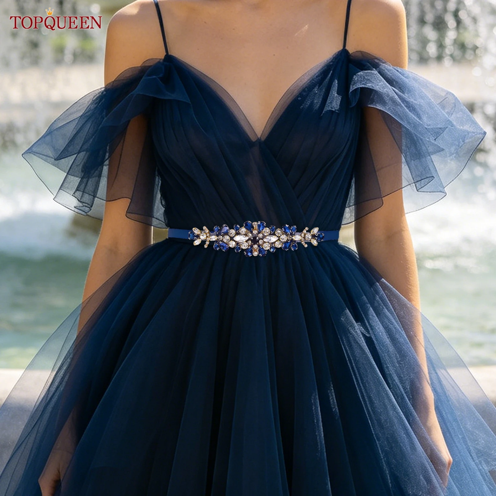TOPQUEEN Navy Blue Crystal Bridal Belt, Formal Occasions and Evening Dresses, Elegant Wedding Sash for Women S178