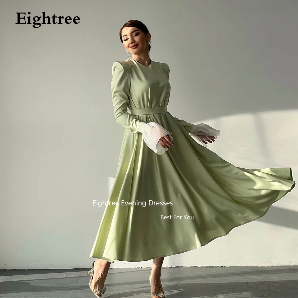 Eightree-vestido de baile de cetim verde claro para mulheres, pescoço simples, mangas compridas, tornozelo, vestidos de festa, 2023