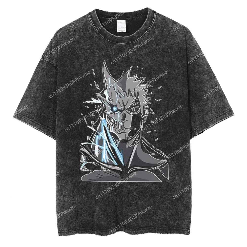Kaiju No. 8 Dual Identity Cyan Split Acid Wash Oversized Black T-Shirt Summer Streetwear Anime Graphic Tee for Men Women