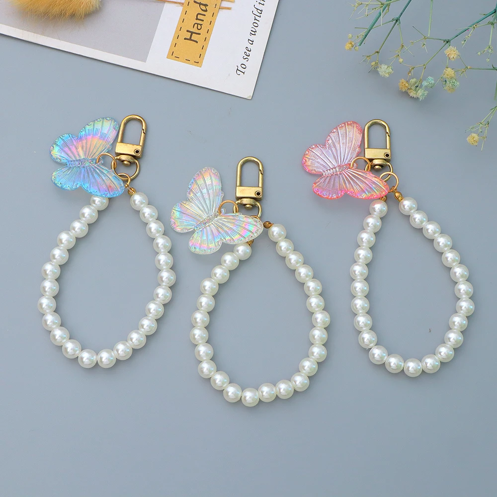 Fashion Acrylic Butterfly Keychain Sweert Pearl Beaded Key Ring For Women Girl Cute Car Keyring Bag Pendant Accessories Gift