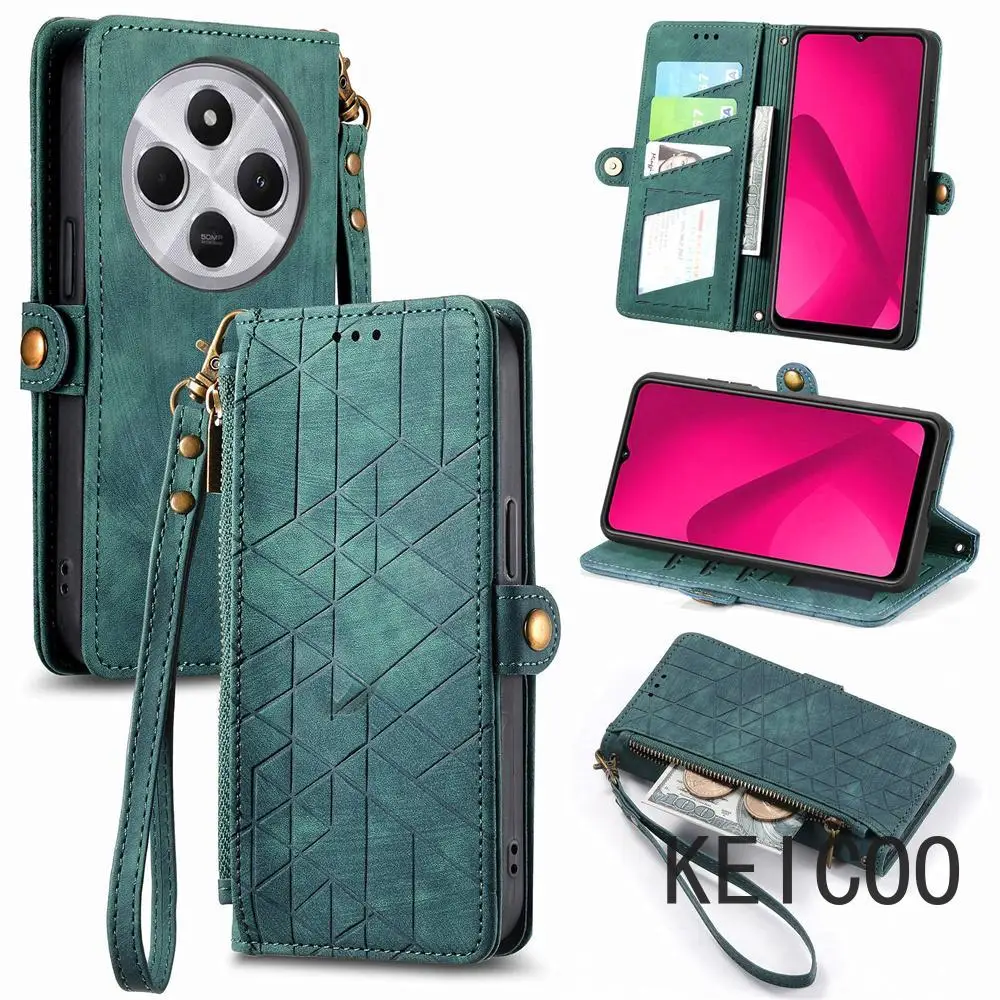 Dustproof Shell for Xiaomi Redmi Poco C50 14C 10 10A 10C A1 Plus 4G Geometric Zipper Wallet Leather Case Kick Stand  Covers