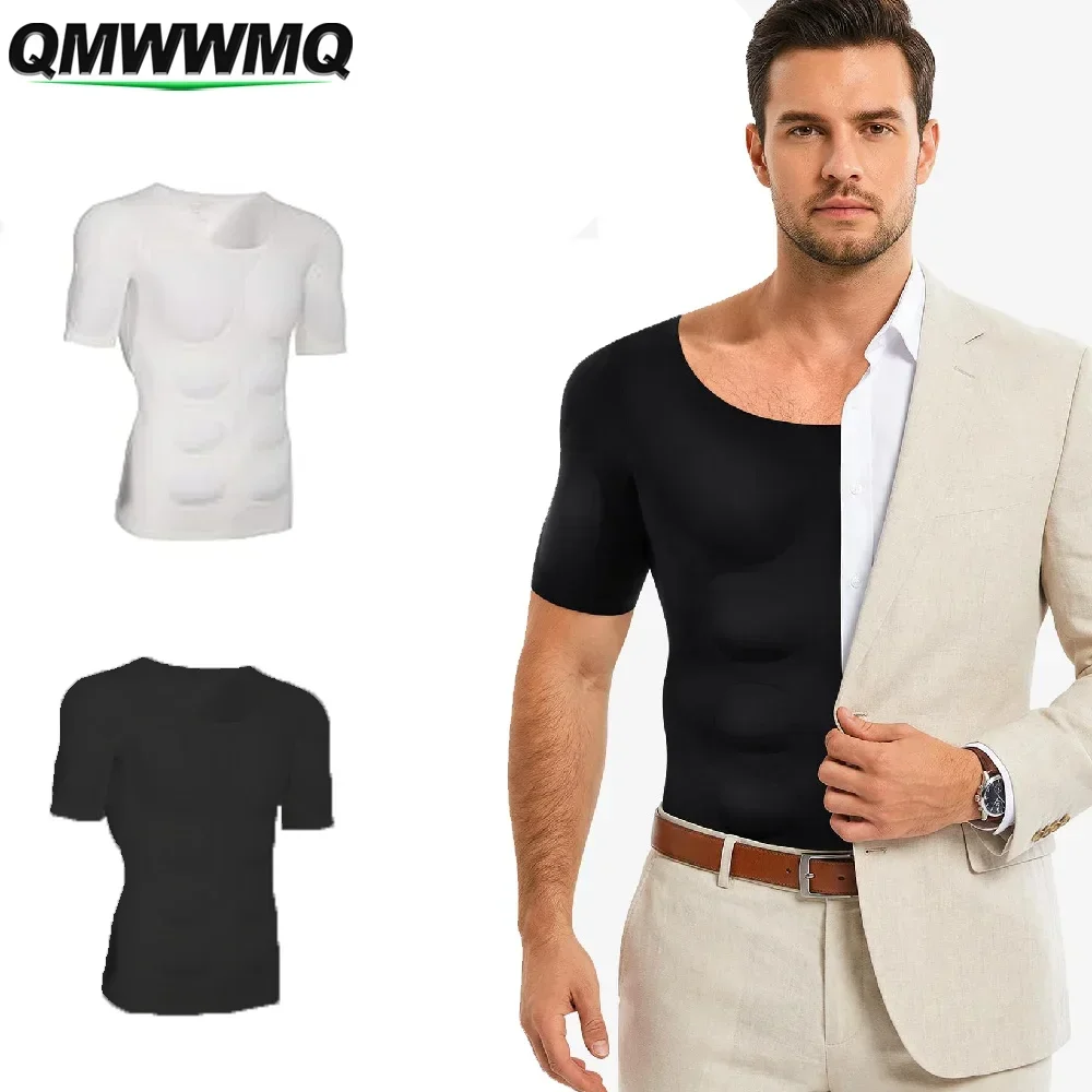 Fake Muscle Shaper T-Shirt for Men, Padded Chest & Shoulders Compression Bodysuit, Elastic Underwear for Cosplay Costume