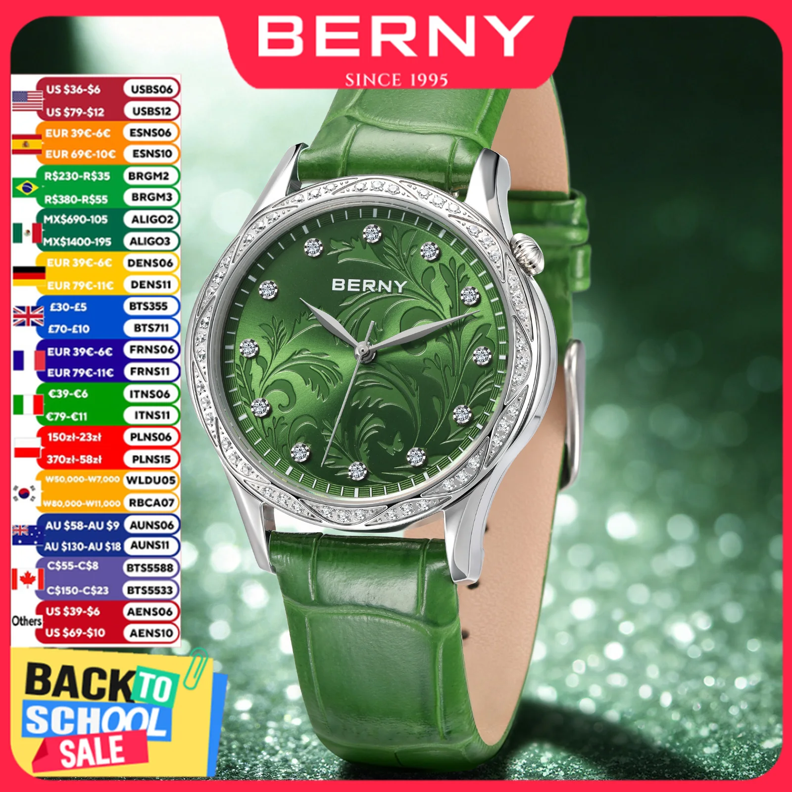 Luxury Watch Green Dial - Relógio de quartzo feminino BERNY, pétala