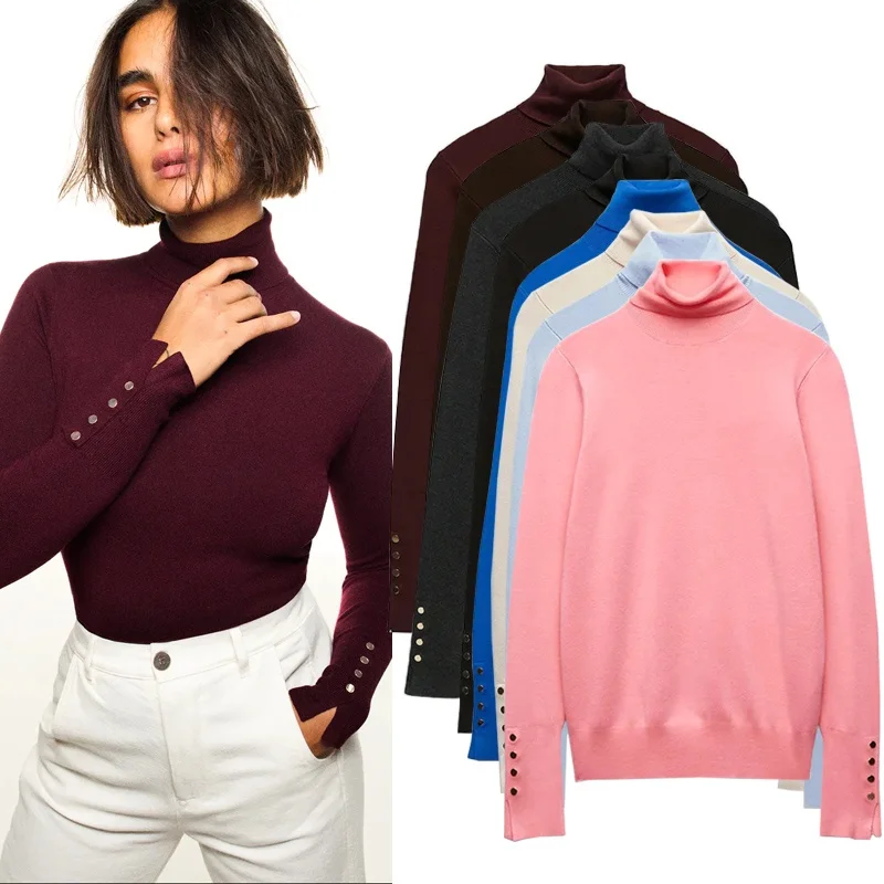 Blusa de gola alta preta em tricô com botões de metal, estilo básico para escritório, moda casual, ajuste slim, manga crid...