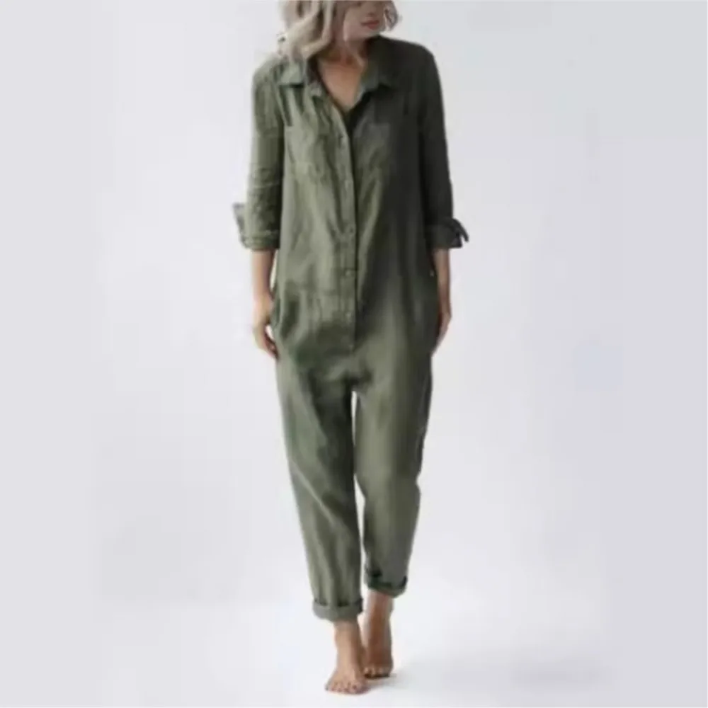 Fashion Cotton Linen Long Sleeve Pocket Jumpsuit Women'S Autumn Casual Loose Solid Color Shirt Jumpsuit Female Rompers