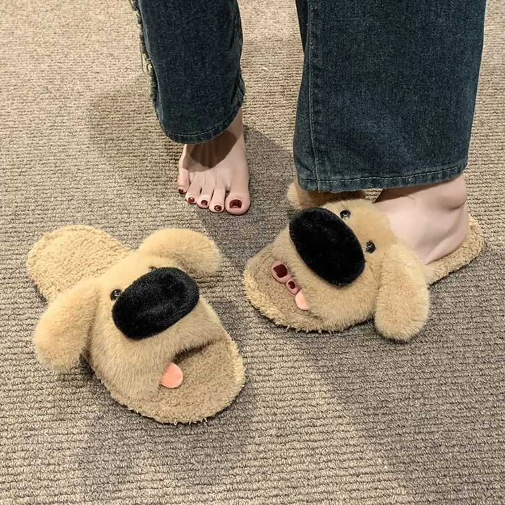 Kawaii آذان طويلة أفخم الكلب النعال الشتاء لينة الكرتون فروي النعال المضادة للانزلاق سميكة سوليد المنزل أحذية قطنية داخلي #5