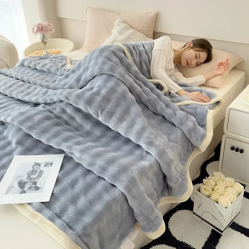 Solid Color Flannel Rabbit Fur Blanket Nap Cover Blanket Soft Sofa Blanket Coral Fleece Cover for Bedroom Manufacturer Wholesale