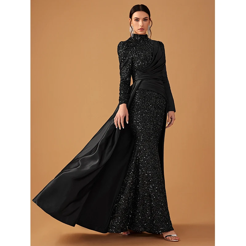 2024 New Fashion Women Long Sleeve O Neck High Waist Black Sequins Ball Gown Cocktail Prom Evening Formal Occasion Maxi Dress