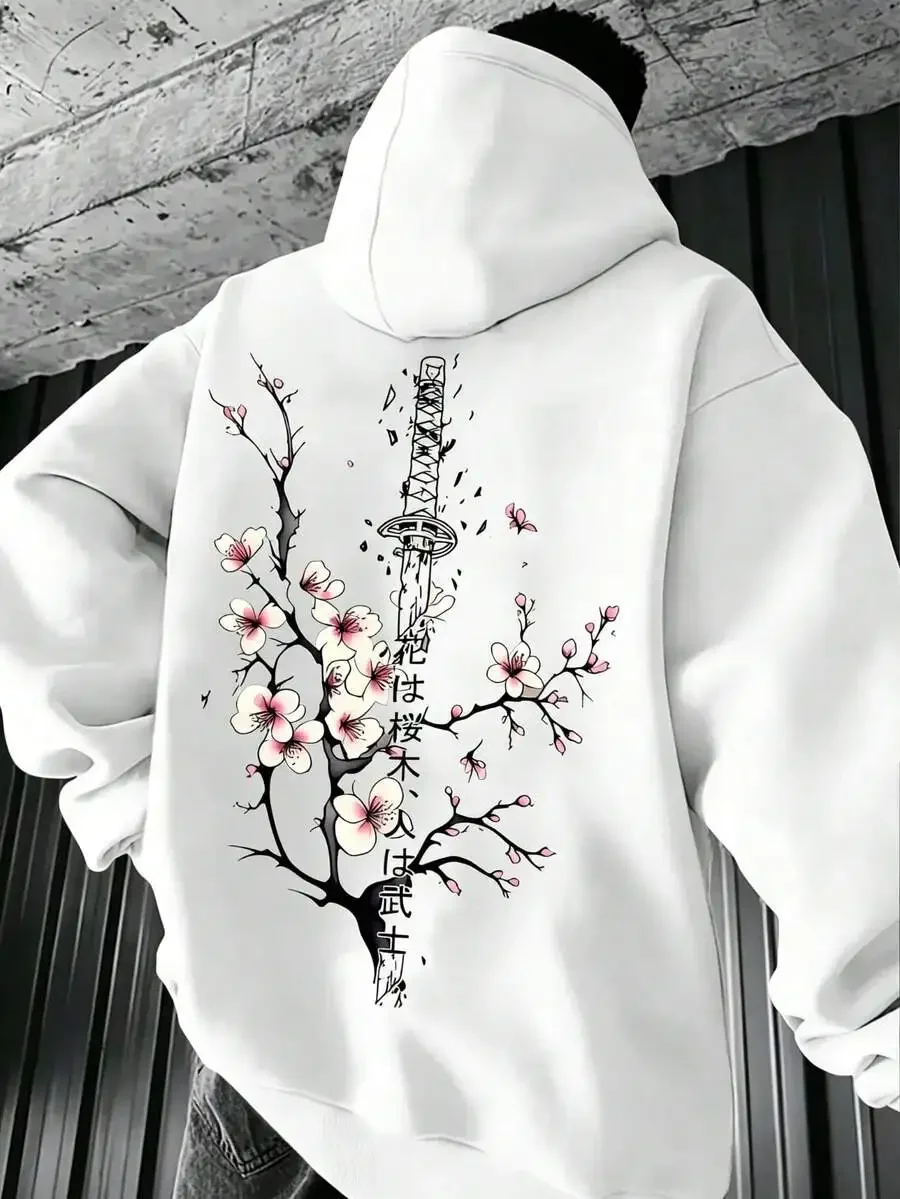 Men's Japanese cherry blossom samurai sword pattern pullover hoodie, fall/winter drawstring pullover, casual sportswear for men