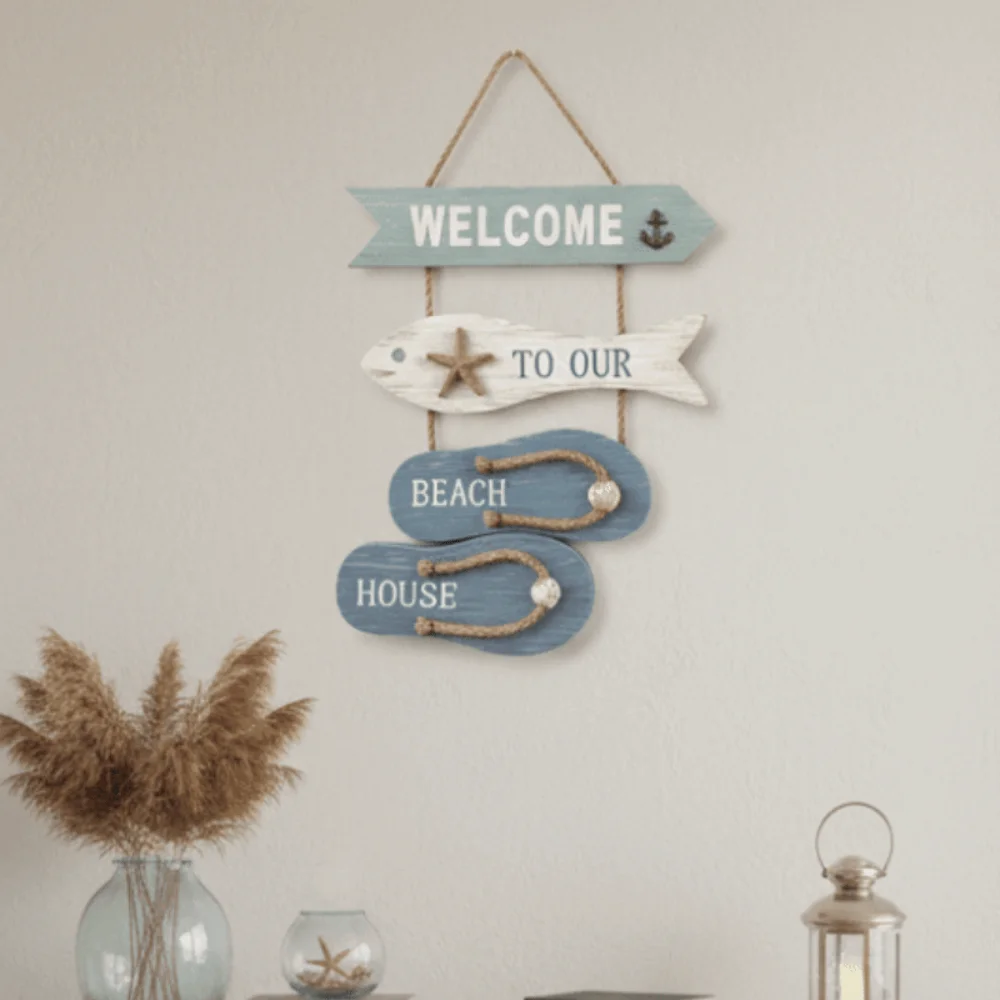 Marine Style Wooden Wall Hanging Flip Flop Shape Farmhouse Door Sign Artistic Design Ocean Theme Wall Hanging Pendant
