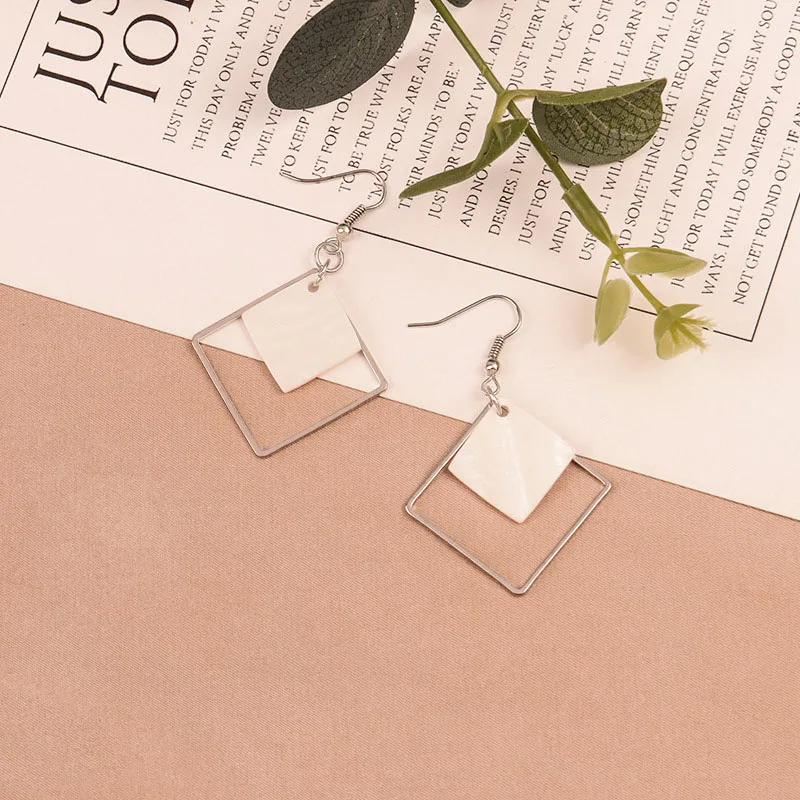 Hollow Rhombus Pendants Dangle Earrings for Women Silver Color Hook Earrings Bohemian Female Drop Earrings White Square Earrings