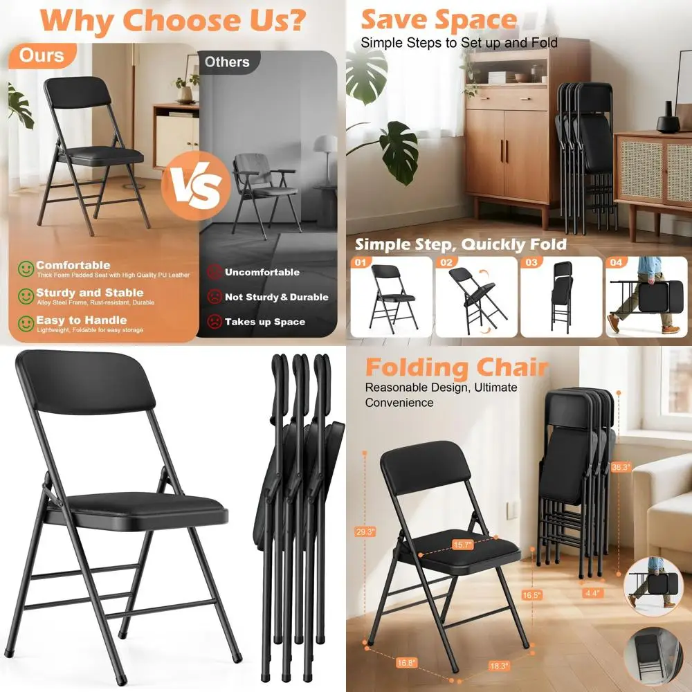 

Набор из 4 складных металлических стульев с мягкими подушками: удобные подушки для дома, офиса, вечеринок, использования на открытом воздухе (черные)