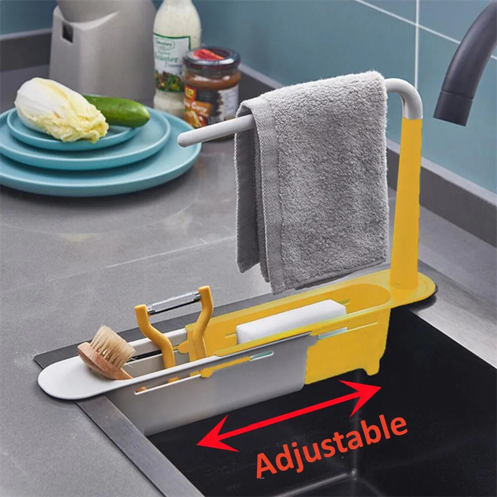 Kitchen Sink Organizer Telescopic Sink Shelf Drainer Rack Soap Sponge Holder Storage Basket Towel Hanger Rack Adjustable Gadgets