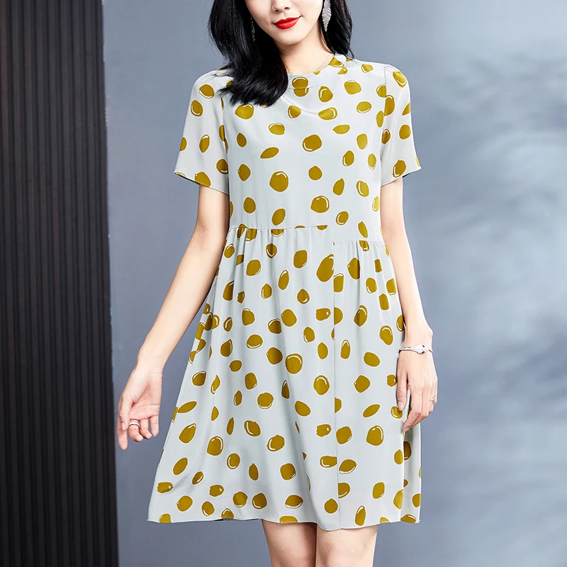 

Casual Women's Summer Dresses 100% Real Silk Elegant O-neck Short Sleeve Women Dot Printed Dress Woman A-line Mid Dress Loose