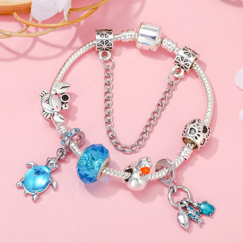Lovely Animals Gather Beside The Blue Sea: Crab & Turtle & Duck Charm Bracelet W/ Pendant Fit Jewelry Gift DIY Bracelet Making