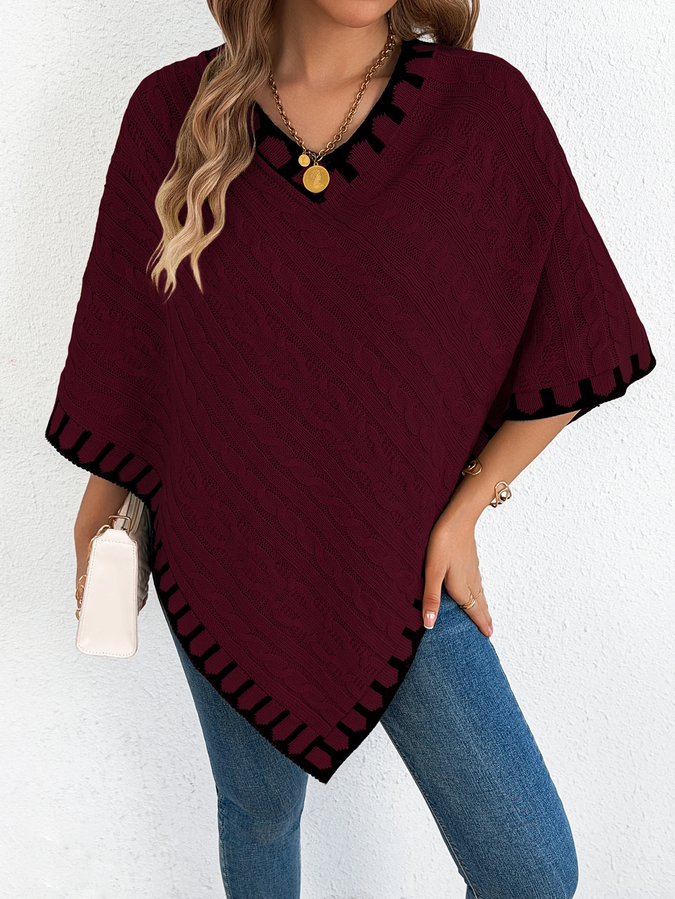 Women Casual Cable Knit Poncho Cape Elegant V Neck Color Block Trim Pullover Shawl Loose Knitted Outerwear for Autumn Winter