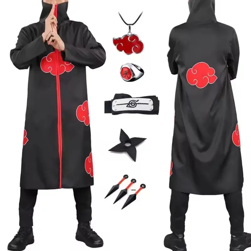 Anime Akatsuki Cosplay Costume Uchiha Itachi Red Cloud Cloak Robe Cloak Headband Props Halloween Clothe view 2