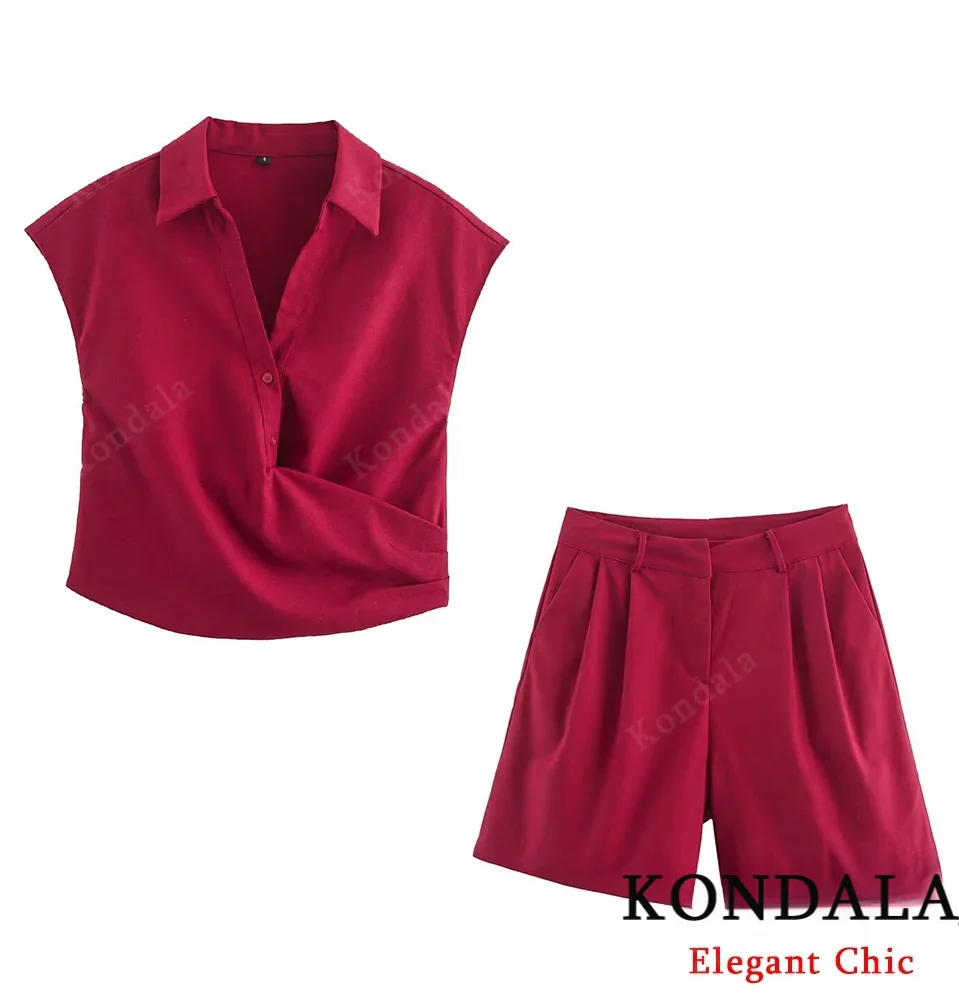 

KONDALA Women Elegant Slim Shorts Set Buttons Sleeveless Lapel Tops, Pleated Shorts New 2025 Spring/Summer Fashion Casual Set