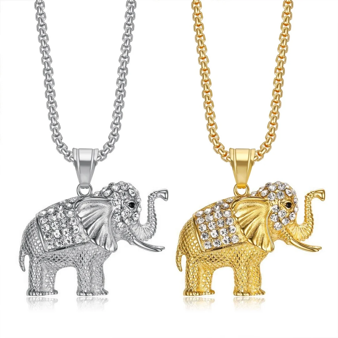 

Punk Iced Out Tennis Elephant Pendant Gold Silver Color Stainless Steel Chain Zircon Animal Necklace for Woman Man Lucky Jewelry