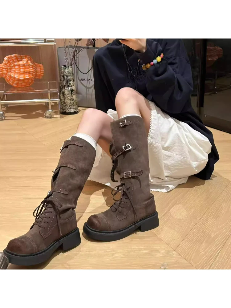 

Women's Western Boot High Tube Thi Heel Rough out Leather Long Boot Retro Sle Korean Faion round Toe Motorcycle Boot
