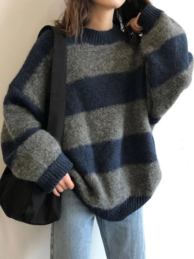 Woherb Women Oversized Thin Sweater Vintage Striped Loose Pullover Streetwear Autumn Knitted Jumper Femme 2024 Sueter Mujer