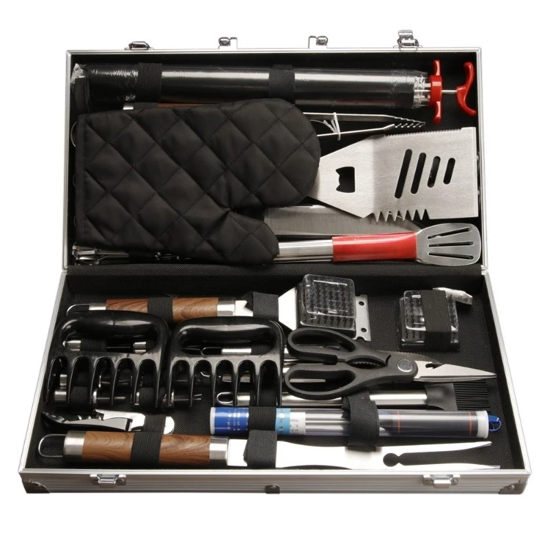 

BBQ grill, stainless steel outdoor household combination barbecue set, wood grain handle toolbox