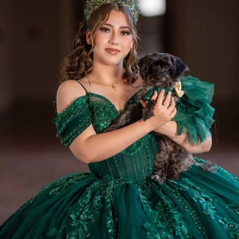 

Блестящее темно-зеленое платье Quinceanera с открытыми плечами и кристаллами, блестящая цветочная наклейка, Vestidos De 15, Quinceanera ﻿ Настроить