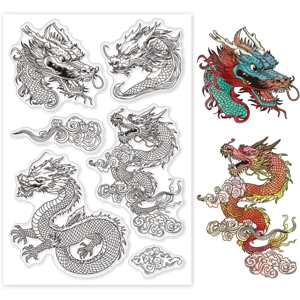 Chinese Dragon Clear Stamp Auspicious Clouds Clear Rubber Stamps Animal Dragon Silicone Stamps for DIY Scrapbooking Photo Album