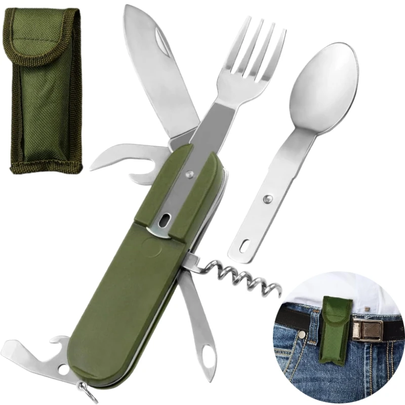 7 in 1 Multifunctional Outdoor Tableware Stainless Steel Foldable Fork Spoon Knife Picnic Camping Hiking Travelling Dinnerware