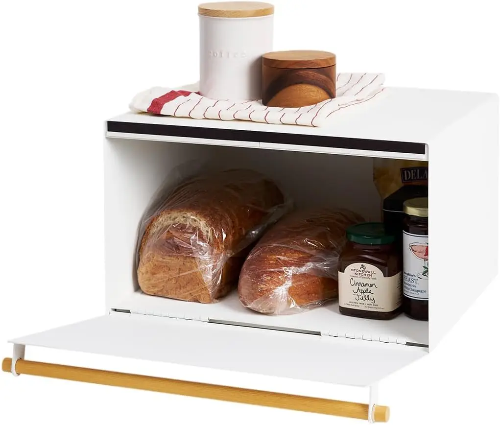 Yamazaki Home Bread Box Keeper Holder Container, Metal Bread Holder Saver, Slim Space Saving Counter Storage Steel + WoodWhite