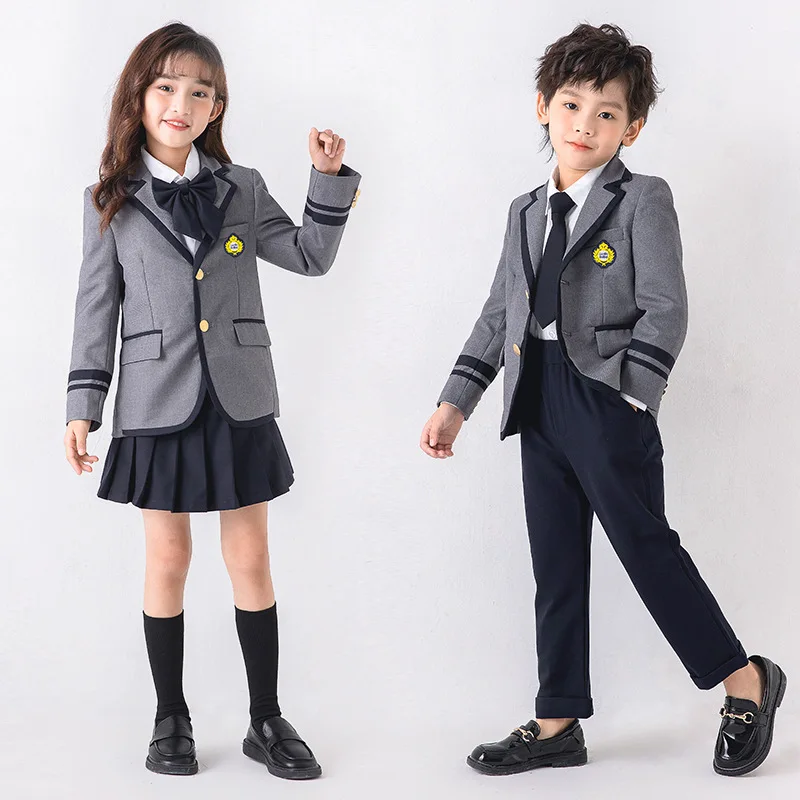 Child School Uniform Girls Korean Japanese Navy Jacket Pleated Skirt Boys Formal Dress Suits Kids Student Clothes Class Sets