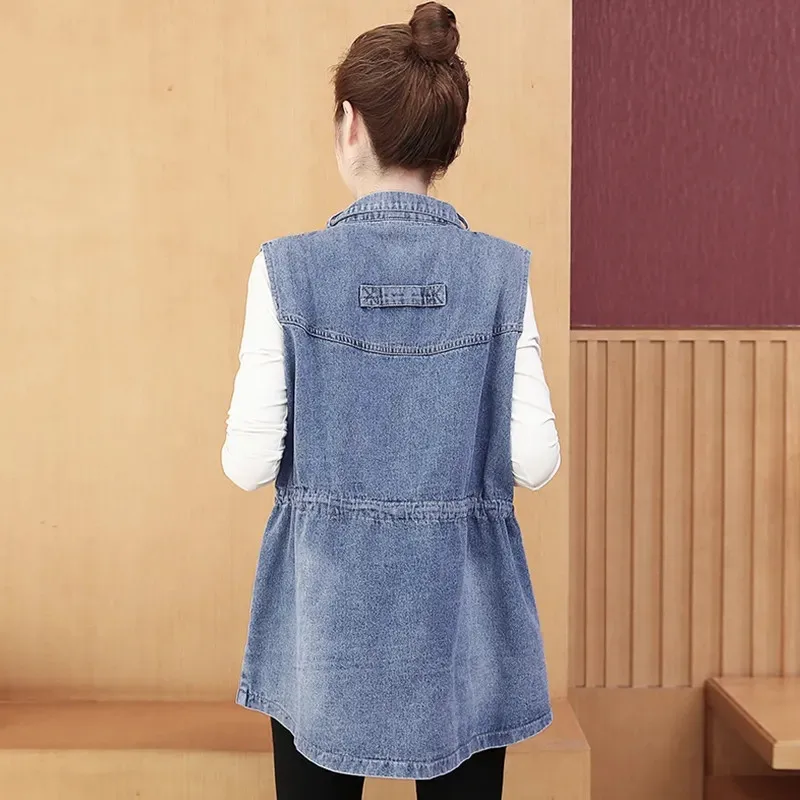 Fashion Mid Length Denim Vest Female Casual Loose Lower back Jeans Jacket Vests Women\'s Korean Version Denim Coat Outerwear