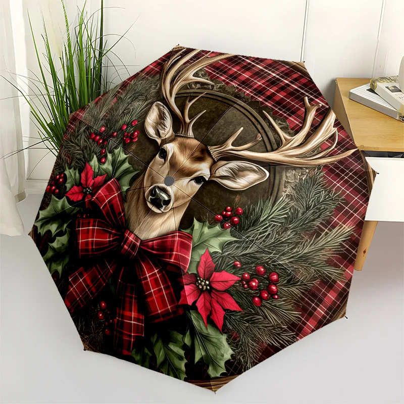 

Рождественский венок с оленями и клетчатым бантом, набор из 4 подставок под кружки, зонт - милый зонт с оригинальным дизайном, портативный компактный зонт-трость (3 сложения)