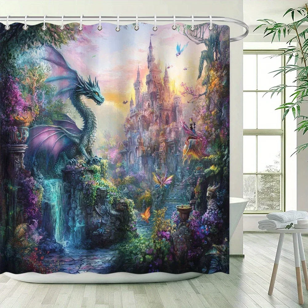 

~O~Fantasy Dragon Garden Shower Curtain, Enchanted Castle & Waterfall, Blue-Purple Scales, Butterflies, Fairy Theme, 12 Hooks