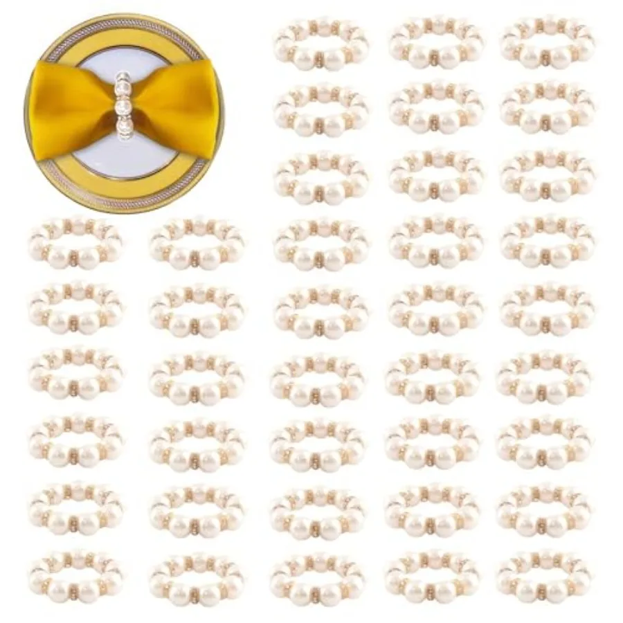 

100Pcs Gold Disposable Napkin Rings Imitation Pearl Ring Napkin Holder Delicate WhiteandGold Beaded Serviette Buckles for Weddi