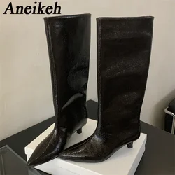 Aneikeh Winter New Pointed Toe Fashion Knee-High Boots Women Elegant Thin Low Heel Casual Ladies Pumps Shoes Long Botas Mujer