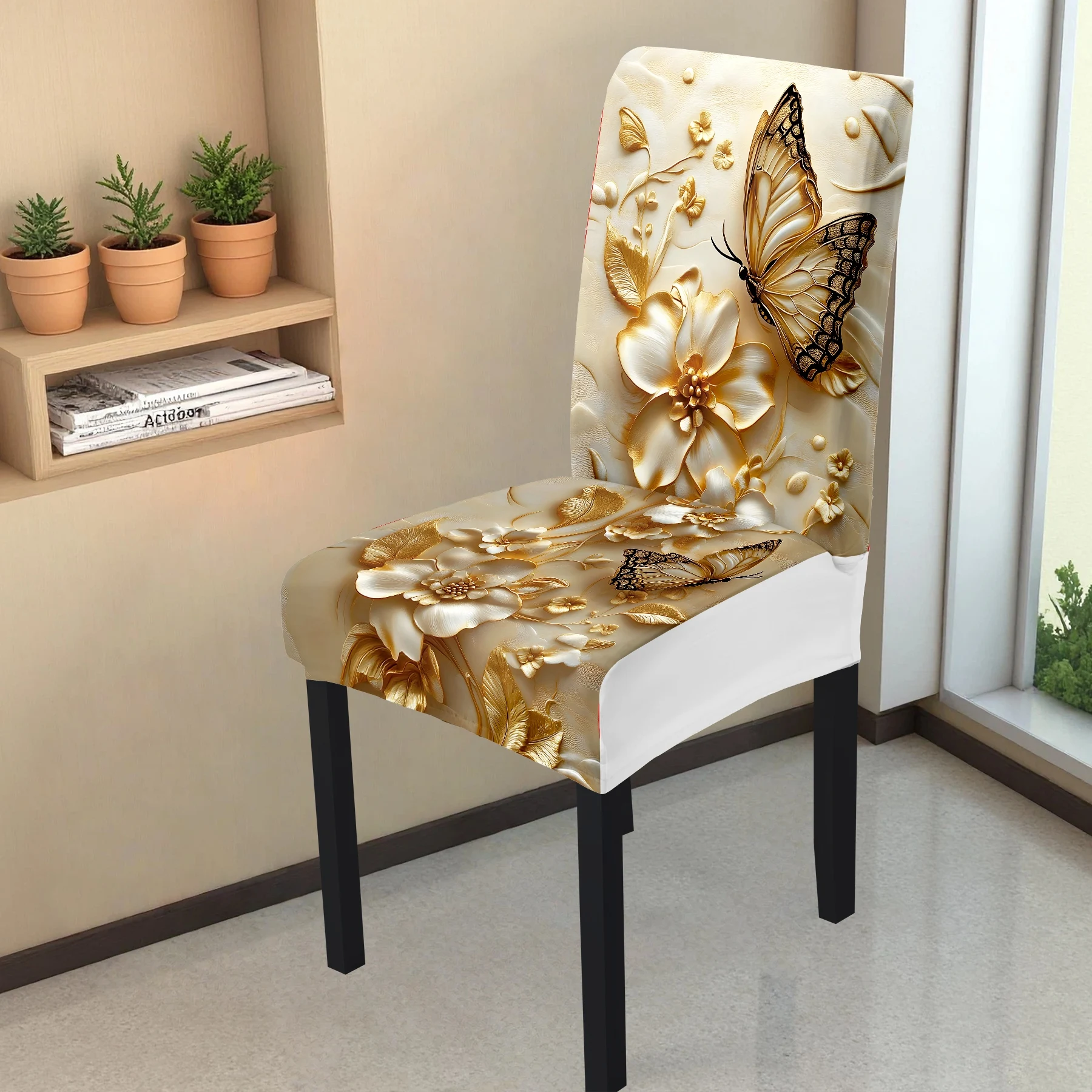 

2026 New Elastic Full - Coverage Chair Cover, Golden Butterfly & Flower Print, Summer Outdoor & Indoor Use