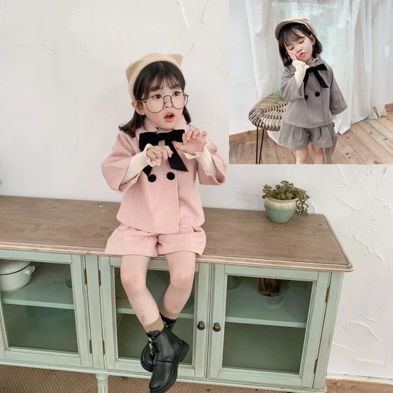 Girls' Suit, Twill Shorts Top Plus Shorts 2024 Autumn Clothes New Children's Clothing Casual Fashion Bow Solid Simple