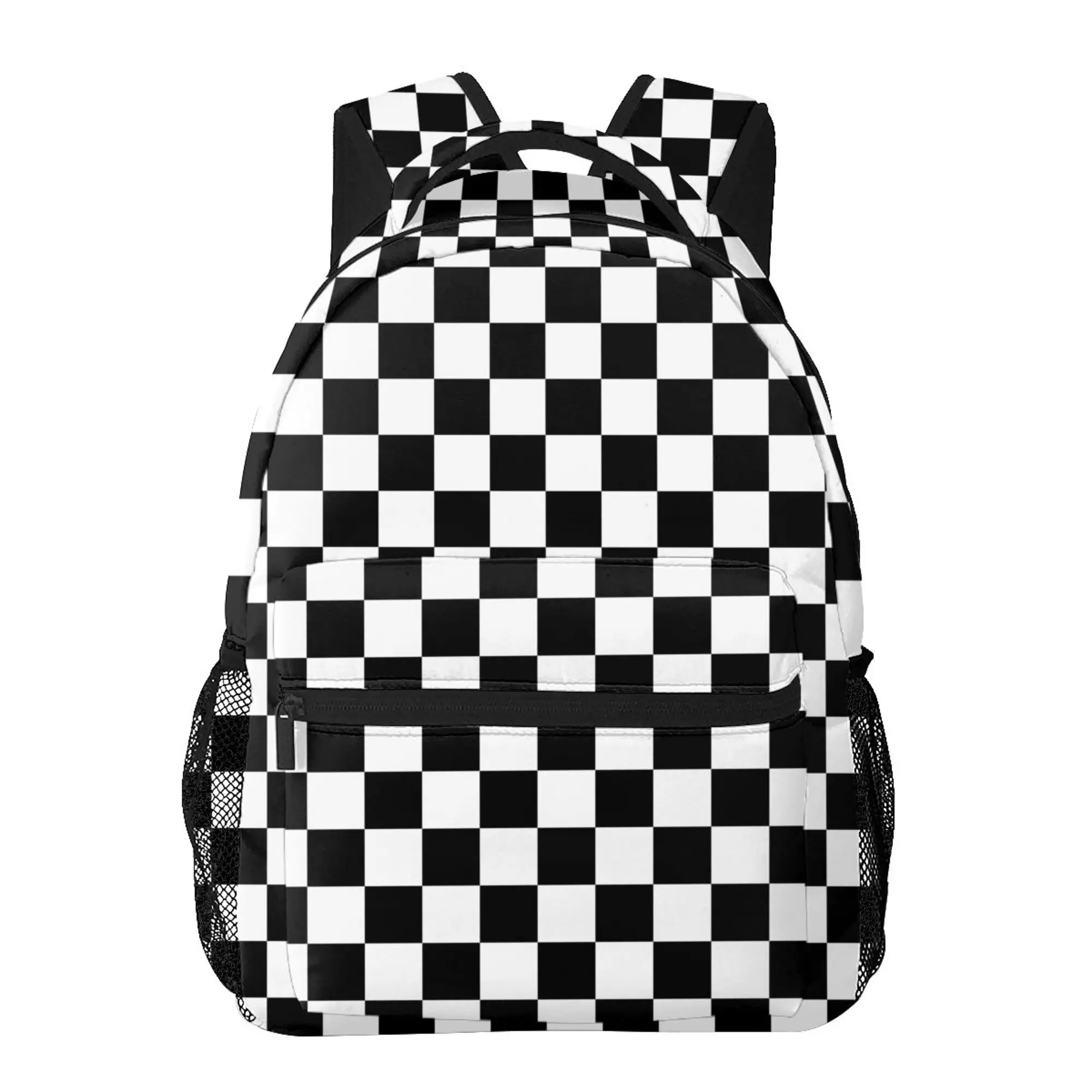 Black And White Squares Plaid Backpack Classic Basic Water Resistant Casual Daypack for Travel with Bottle Side Pockets