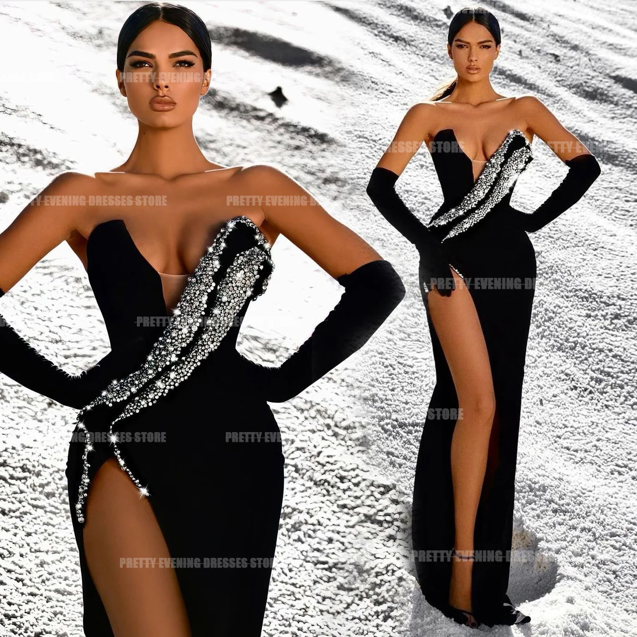 Vestido de noche de cristal brillante para mujer, sirena con traje Sexy de cuello en V, sin mangas, abertura alta, 2024