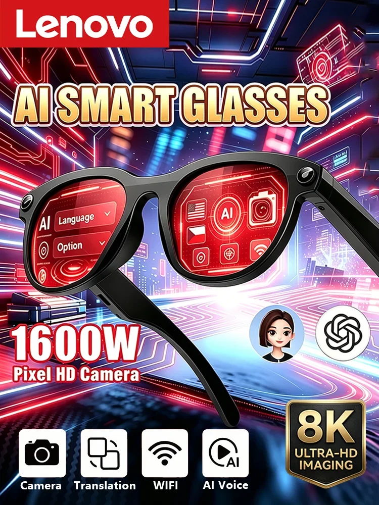 Okulary Lenovo 8K HD Smart Glasses z kamerą 1600W pikseli, robienie zdjęć, tłumaczenie AI, nagrywanie rozmów, muzyka, okulary inteligentne, nowość 2026 — zdjęcie produktu 7