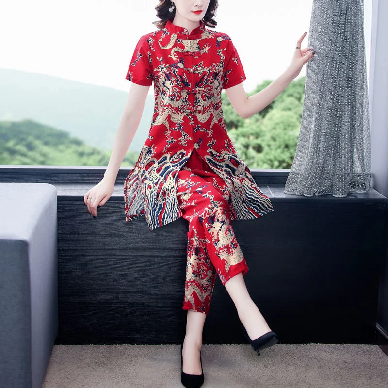 Vintage Short Sleeve Print Stand Collar Buckle Cheongsam Top Loose Trousers Clothes Set Women Summer Chinese Style 2 Piece Set