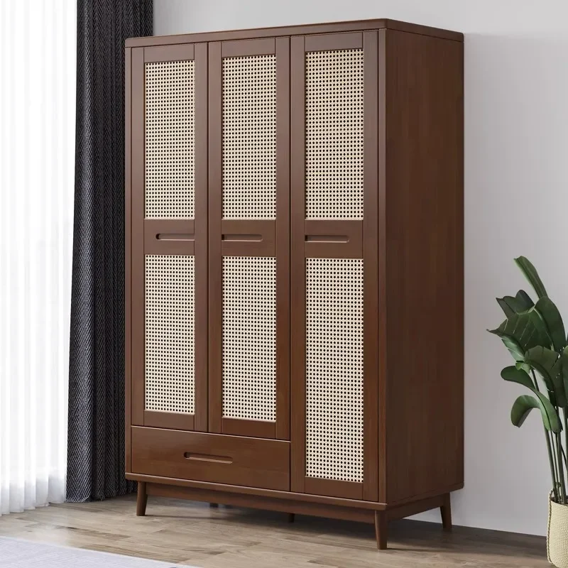 Solid wood rattan wardrobe 1.2 meters household wardrobe homestay small apartment bedroom open three doors with pumping storage
