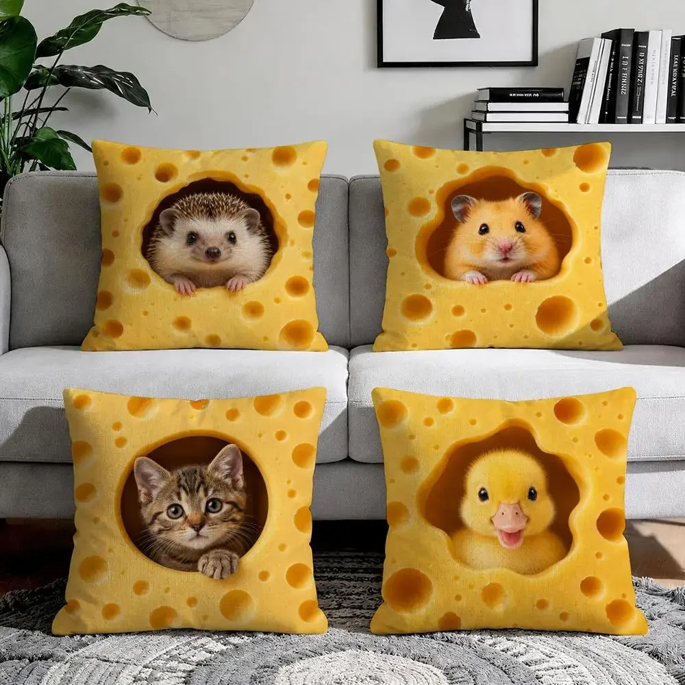 Cute Cheese Animals Cushion Cover Natural Breathable Durable Linen Printed Decor Pillow Case Sofa Bedroom