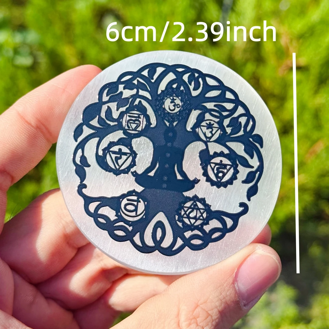 Natural Selenite Charging Plate, Engraved Tree of Life Yoga Om Symbol Disc, Polished Satin Spar Crystal Slab Home Decor Gift