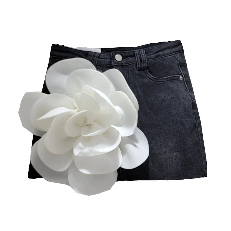 

Raw Edge Denim Skirt Female 2024 Summer Hot Girl Flower Sexy High Waist Slimming A- Line Anti-Exposure Sheath Skirts