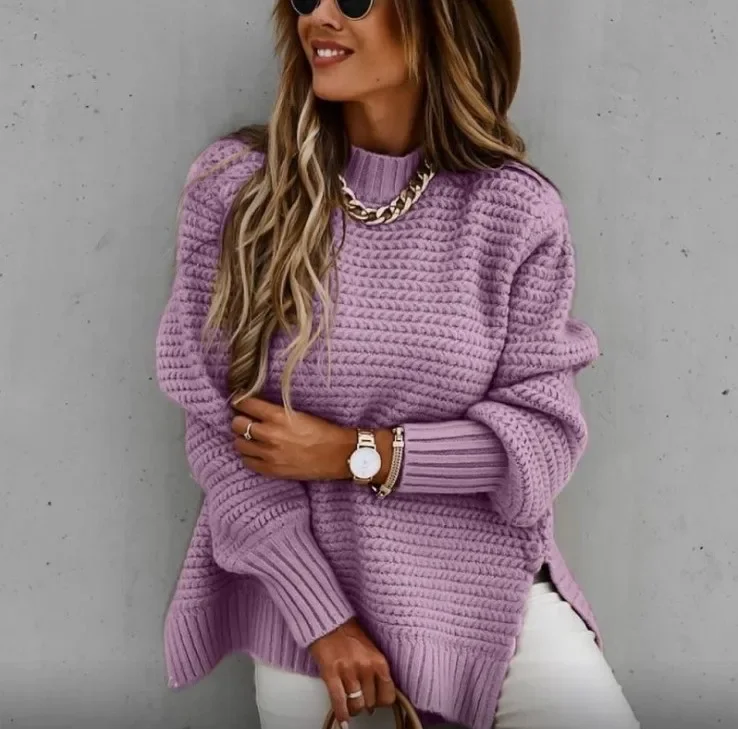 Autumn and Winter Women\'s Loose and Lazy Style Long Sleeved Solid Color Pullover Knitted Sweater for Women